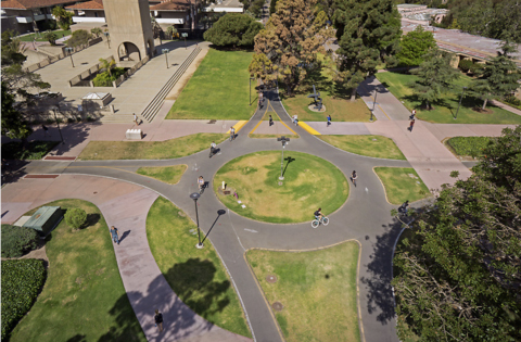 aerial drone photo looking down on a circular bicycle path loop